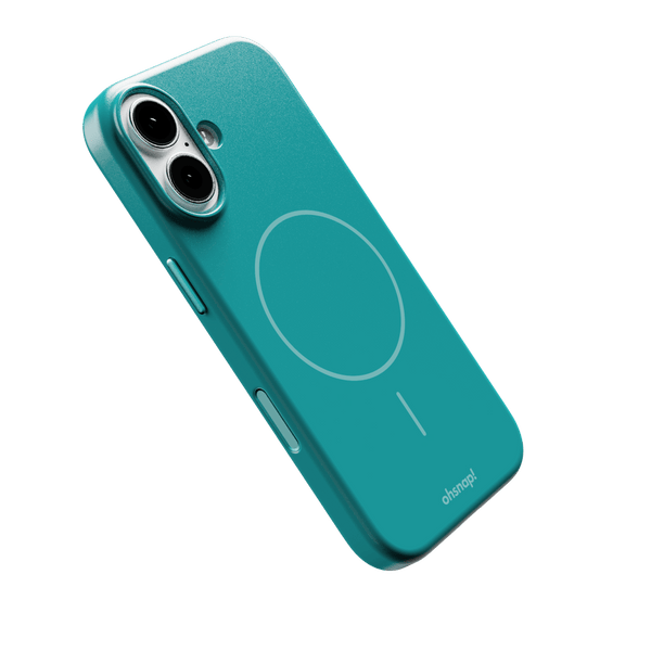 Teal phone case with a circular design and cutouts for camera and buttons.