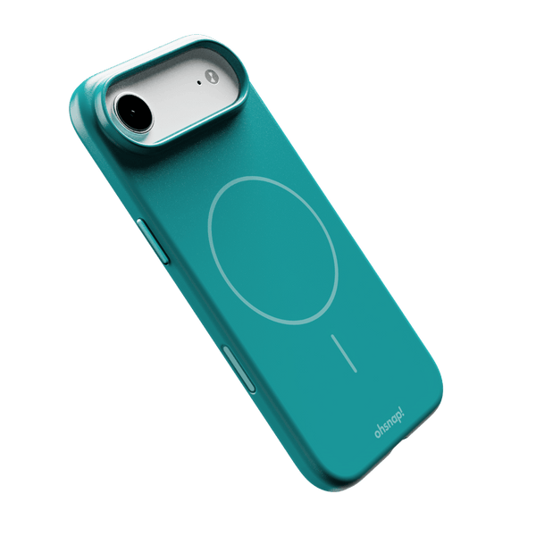 Teal phone case with a circular design and cutouts for camera and buttons.