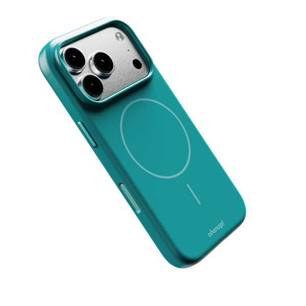 Teal phone case with a circular design for magnetic accessories and cutouts for camera and buttons.