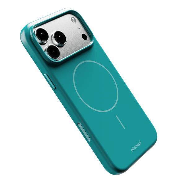 Teal phone case with a circular design for magnetic attachment and cutouts for camera and buttons.
