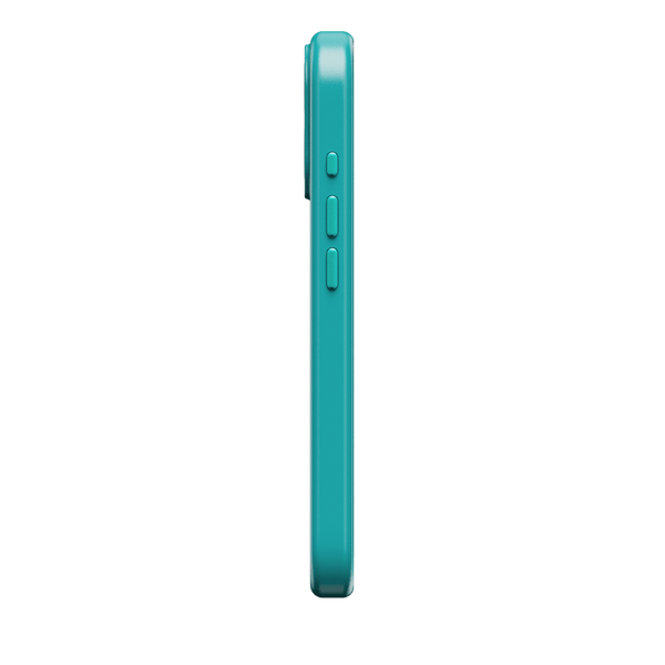 Side view of a teal phone case with button cutouts for volume and power.