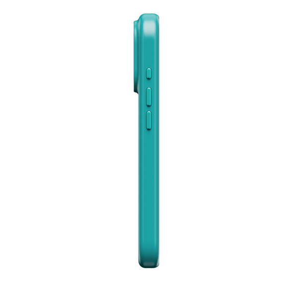 Turquoise snap case shown from the side, featuring three buttons and a slim profile.