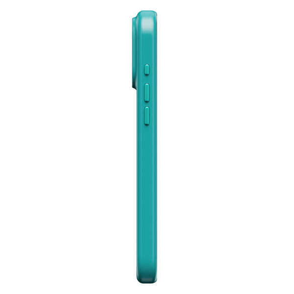 Side view of a teal phone case with buttons visible on the side.