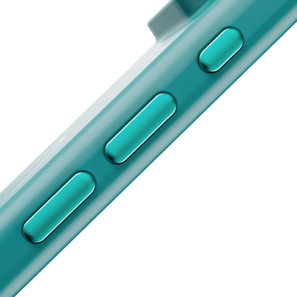 Close-up of a teal phone case showing volume buttons and a textured edge.