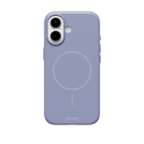 Purple phone case with a circular design on the back, compatible with magnetic charging.