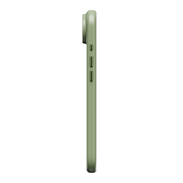 Side view of a green snap case with buttons and camera cutout for a smartphone.