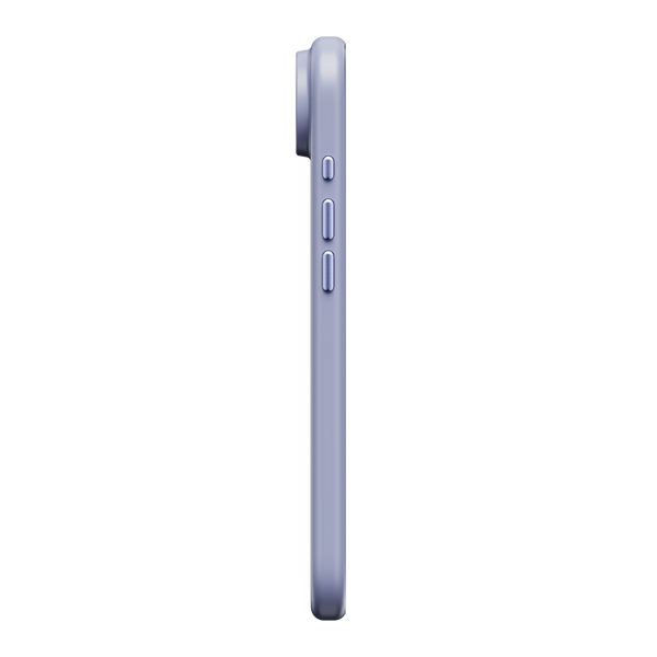 Side view of a slim phone case in a light purple color with button cutouts.