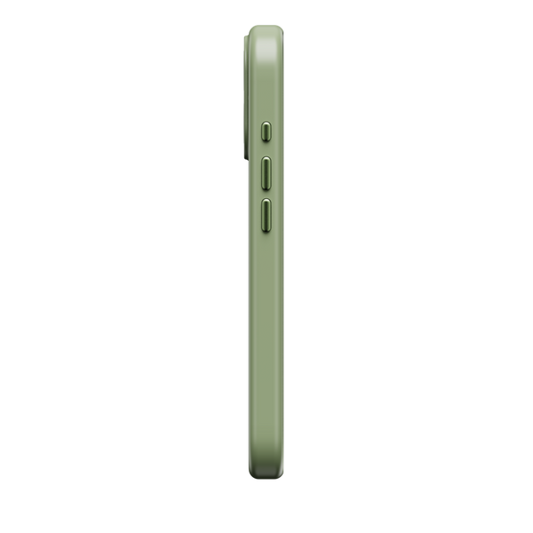 Slim green phone case shown from the side, featuring buttons and a smooth finish.