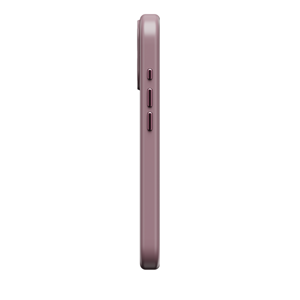 Side view of a slim, purple phone case featuring volume and power buttons.