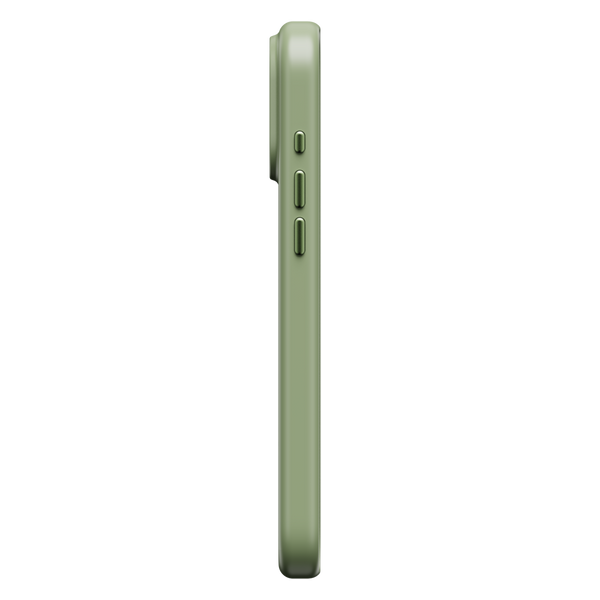 Slim green phone case shown from the side, featuring buttons and a smooth finish.
