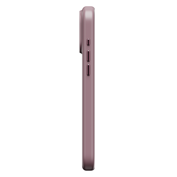 Side view of a slim, purple phone case with buttons visible on the side.