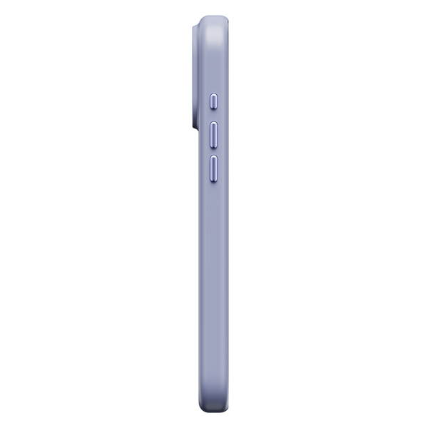 Side view of a slim, light purple phone case with button cutouts.