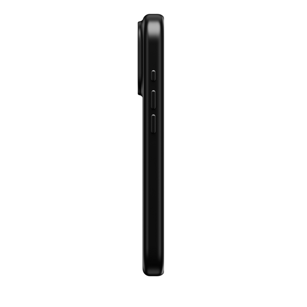 Black snap case viewed from the side, showing buttons and a slim profile.