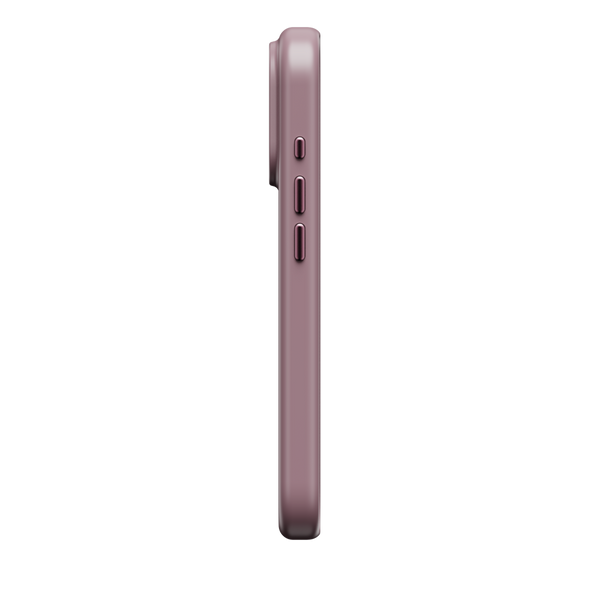Side view of a slim, purple phone case with buttons visible on the side.