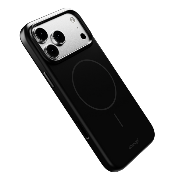 Black phone case designed for the 17 Series, featuring a circular magnetic charging area on the back.