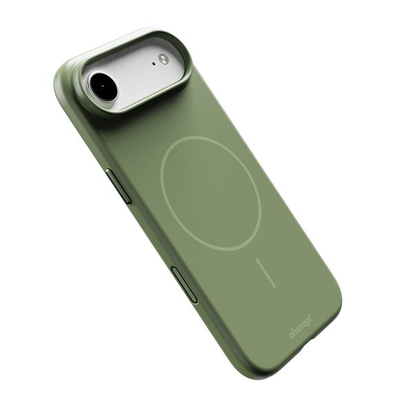 Green phone case with a circular design and cutouts for camera and buttons.
