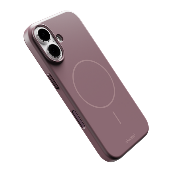 Slim, purple phone case with a circular design for magnetic charging and cutouts for camera and buttons.