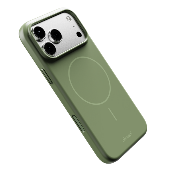 Green phone case with cutouts for camera and buttons, featuring a circular design for magnetic accessories.
