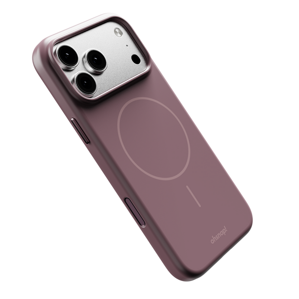 Purple phone case with a circular design for magnetic attachment and cutouts for camera and buttons.