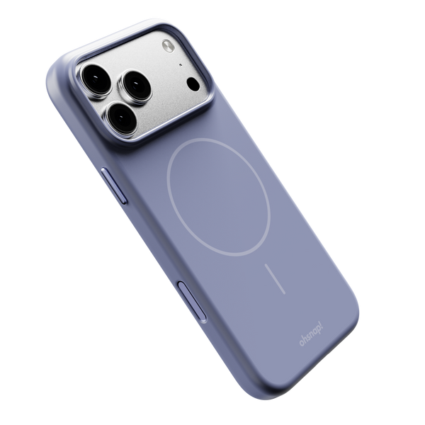 Purple phone case with cutouts for camera and buttons, featuring a circular design for magnetic accessories.