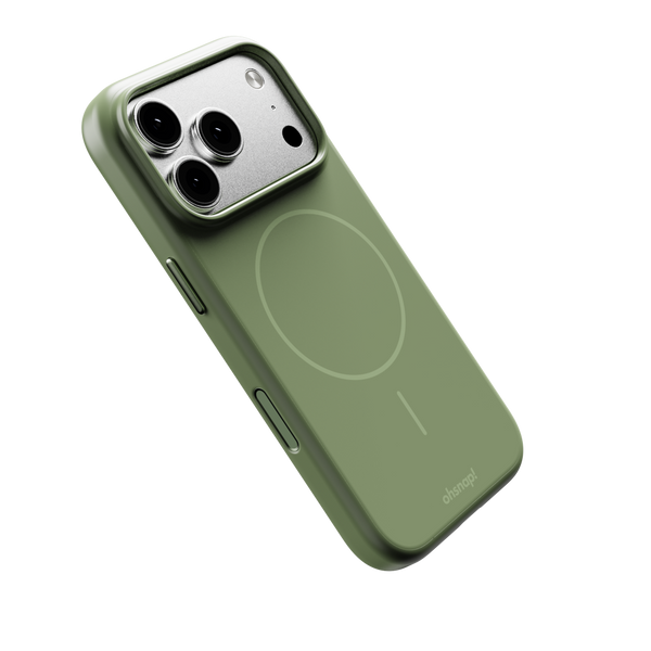 Green phone case designed for the 17 Series, featuring a circular magnetic charging area and side buttons.