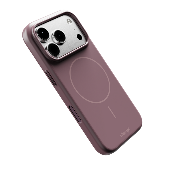 Purple phone case with a circular magnetic charging area and cutouts for camera and buttons.