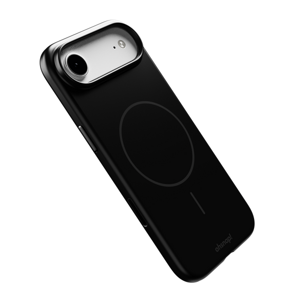 Black snap case designed for a smartphone, featuring a circular magnetic charging area and camera cutout.