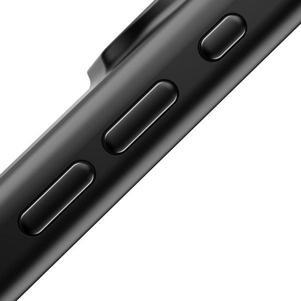 Close-up of a black snap case showing volume and power buttons.