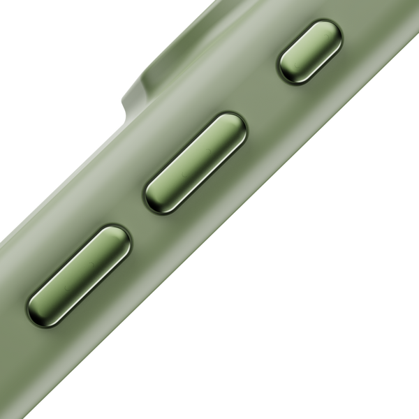 Close-up of a green snap case showing button cutouts and textured surface.