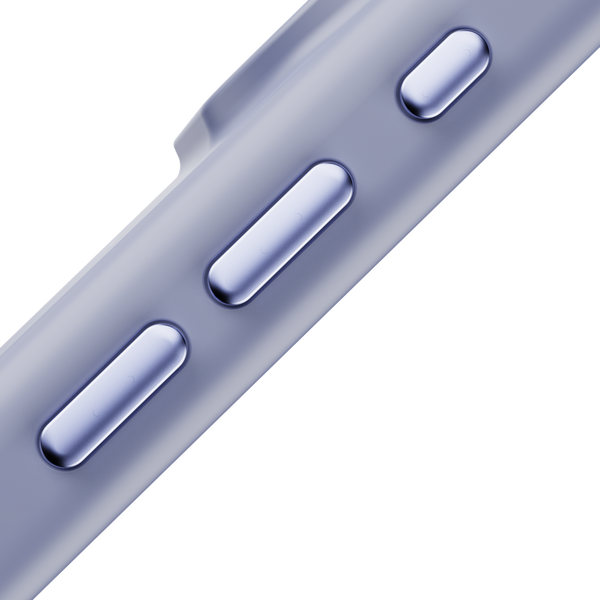 Close-up of a phone case showing the volume buttons and textured side in a light blue color.