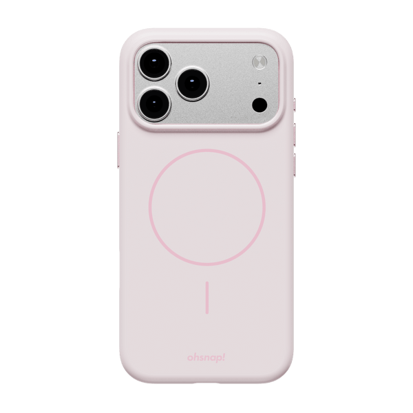 Light pink phone case with a circular design and cutouts for camera lenses.