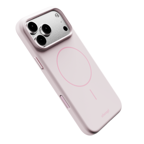 Light pink phone case with a circular design and cutouts for camera lenses and buttons.