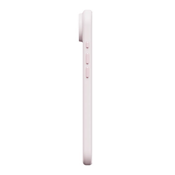 Side view of a slim pink snap case with button cutouts for a smartphone.