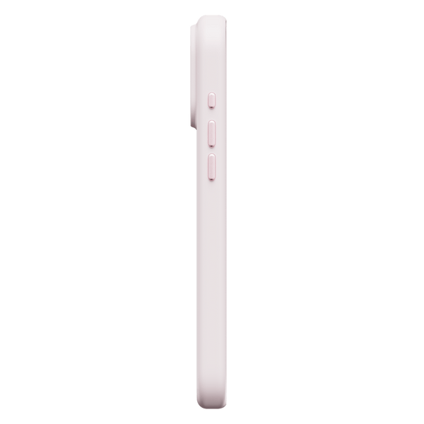 Side view of a slim, light pink phone case with buttons visible on the side.