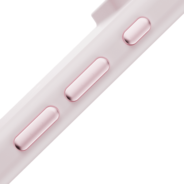 Close-up of a pink snap case featuring button cutouts on the side.