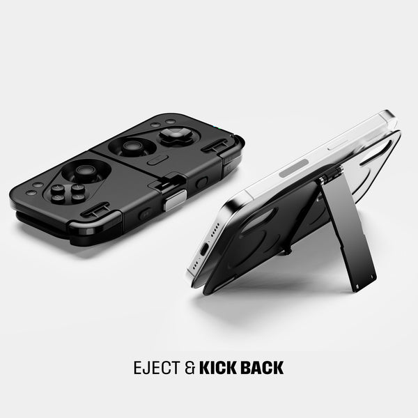 Black mobile gaming controller with joystick and buttons, attached to a smartphone, featuring a kickstand.