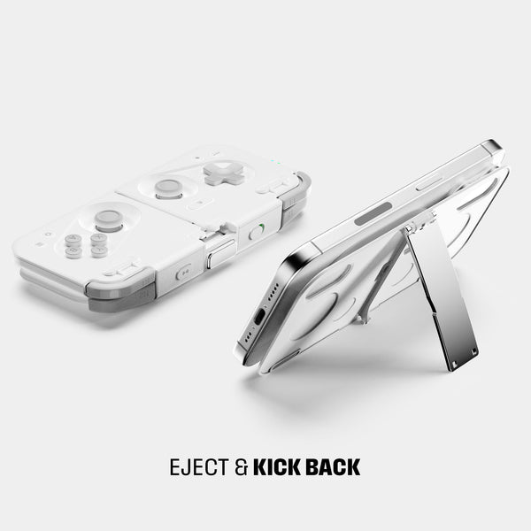 White gaming controller with a foldable design, featuring buttons and a stand for a smartphone.