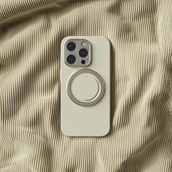 Light beige phone case with a circular magnetic attachment on a textured fabric background.