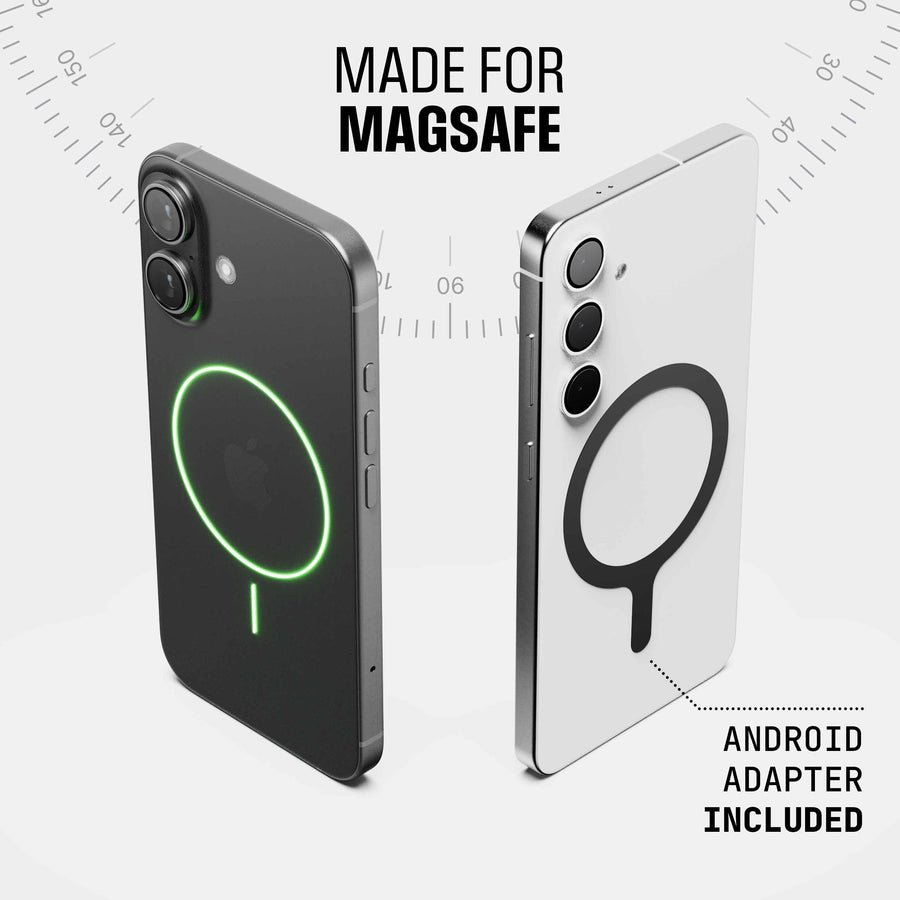 Two smartphones with MagSafe-compatible grips, one with a green light and an Android adapter included.