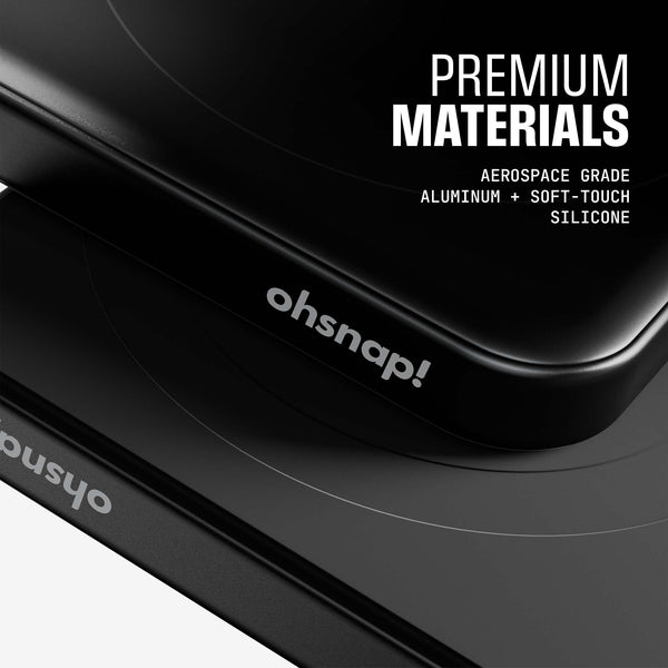 Close-up of black Snap Pack featuring aluminum and soft-touch silicone materials with branding visible.