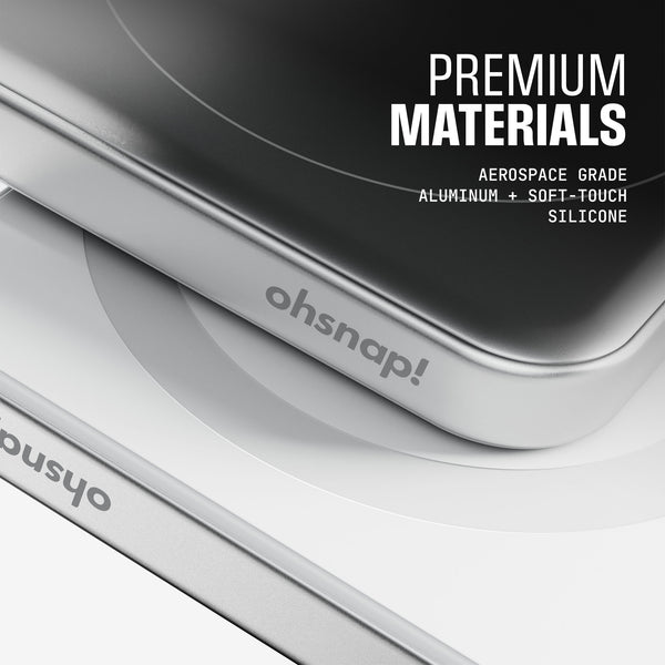 Close-up of a sleek product featuring aluminum and silicone materials with branding visible.