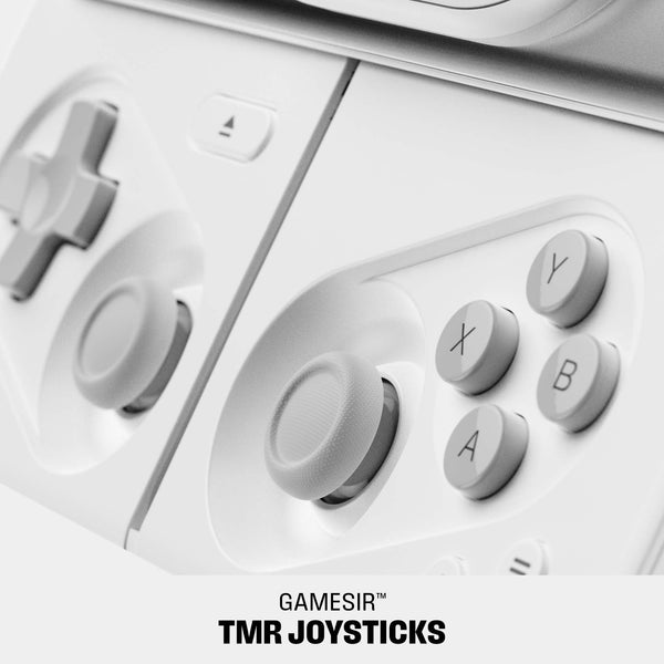 White gaming controller featuring joysticks and buttons labeled A, B, X, Y.