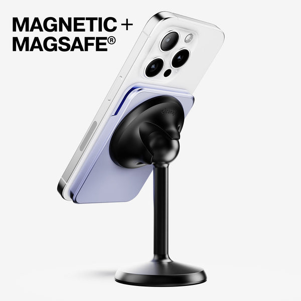 Magnetic wallet attached to a smartphone on a black stand, showcasing a light purple color.