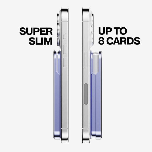 Side-by-side comparison of a smartphone and a slim wallet, showing wallet's capacity for up to 8 cards.