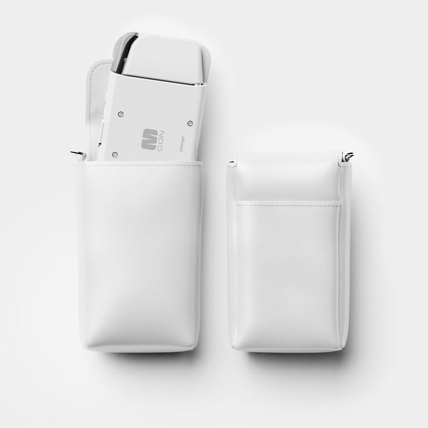 Two white travel sleeves, one containing a device, with a zip closure and a pocket on the front.