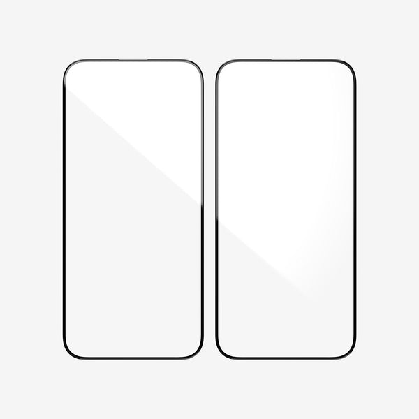 Two glass screen protectors with black edges, designed for mobile devices, displayed side by side.