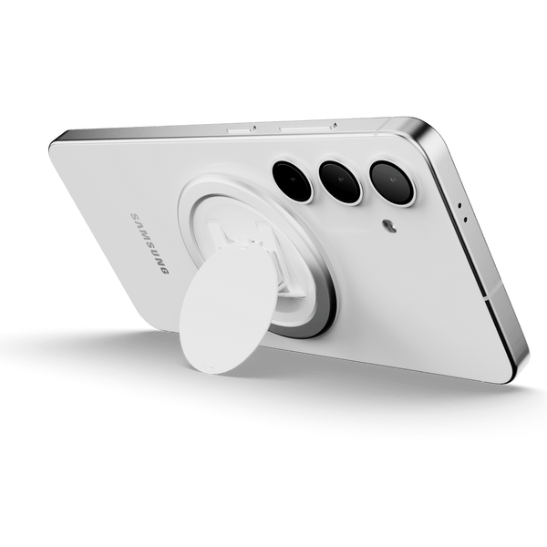 White phone with a circular grip attached to the back, featuring three camera lenses.
