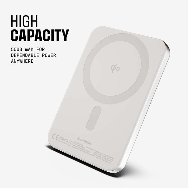Portable power bank with a 5000 mAh capacity and wireless charging capability.