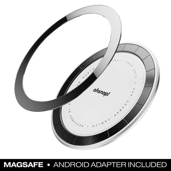 Circular phone grip with a black and silver design, featuring a MagSafe and Android adapter.