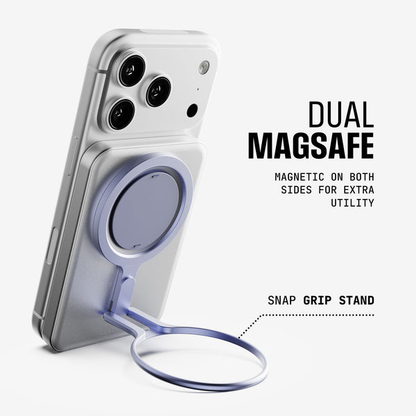 Magnetic phone accessory with a grip stand, designed for dual MagSafe compatibility.